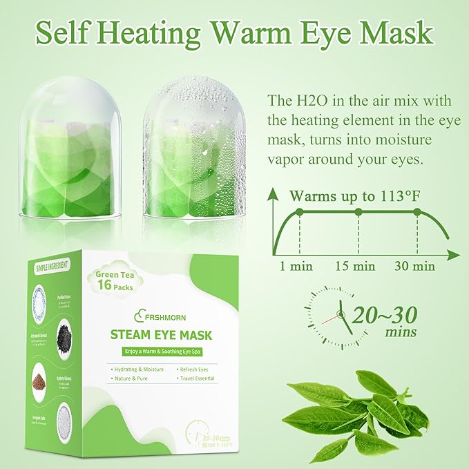 FRSHMORN 16 Packs Steam Eye Mask, Heated Eye Mask for Sleeping, Warm Compress for Eyes, Self Heating Disposal Steam Mask for Home Sleep, Office, Spa, Travel Essentials Stocking Stuffers (Green Tea)