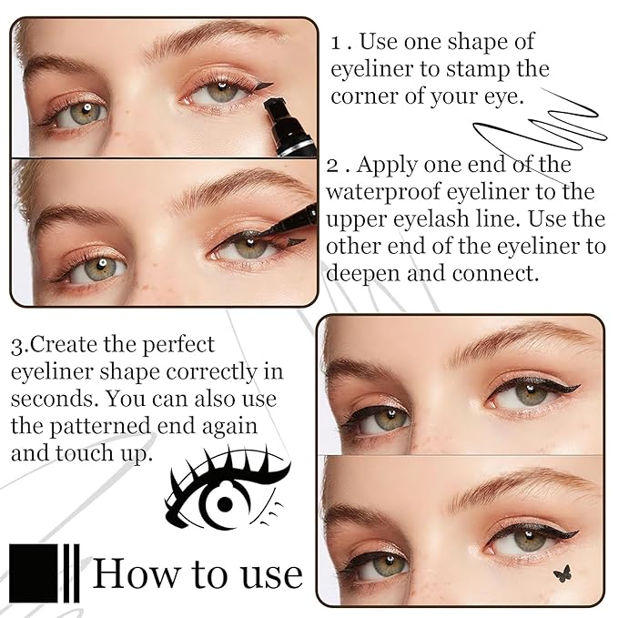 4 PCS 2 in 1 Stamp Liquid Winged Double Head Eyeliner Pen Set Seal Eyeliner Waterproof Star Moon Butterfly Heart-Shaped Embellished Eye End Eye liner Makeup Cosmetics(Black)