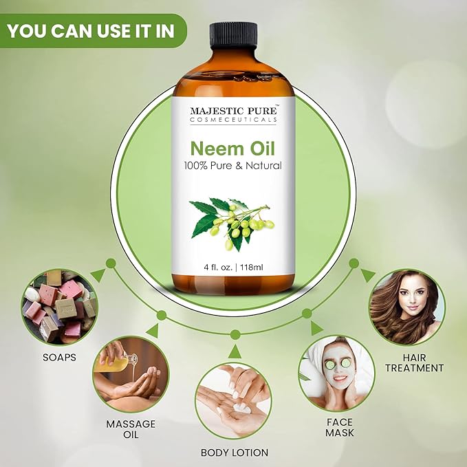 Majestic Pure Essential Oil with Glass Dropper - 100% Pure and Natural - Essential Oils for Diffuser, Aromatherapy, Soap and Candle Making, Neem Essential Oil, Neem Oil, 4 Fl Oz