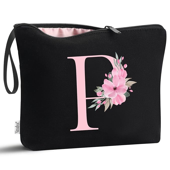 Vavabox A-Z Personalized Makeup Bag, Birthday Gifts for Women Mom, Gifts for Best Friend, Bride Bridesmaid Cosmetic bag (P, Black)