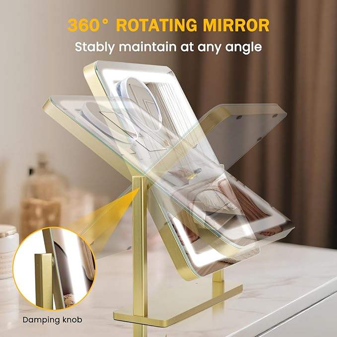 Vanity Mirror with Lights, 12.2"×15" Large LED Makeup Mirror with Light, HD Mirror, Smart Touch with 3-Color Lighting, Dimmable, 360° Rotation, Lighted Up for Vanity Desk Tabletop, Bedroom (Gold)