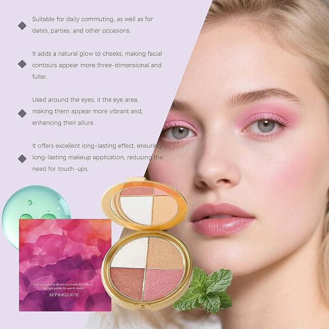 Eye & Cheek Palette - Eyeshadow and Highlighter Makeup, 4-In-1 Face Highlighter Palette for Women, Multi-Purpose Contour Blush and Glow with Mica and Silica, Long-Lasting Silky Texture Makeup Kit
