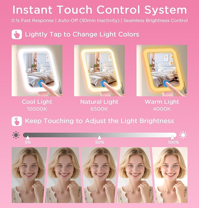 EAONE Travel Makeup Mirror with Lights, Double Sided Magnifying Vanity Mirror 10X/1X with 3 Color Lighting & Dimmable Touch Screen, Compact Handheld Cosmetic Mirror for Bathroom, Women Gifts (Pink)