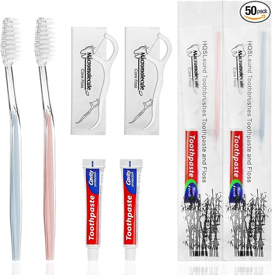 50 Pack Disposable Toothbrushes with Toothpaste Floss Individually Wrapped, 2 Color Toothbrush,10g Toothpaste,Floss Pick,Bulk Toothbrush Kit for Homeless,Airbnb,Hotel,Guest