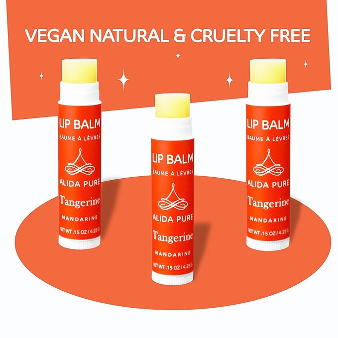 ALIDA PURE Tangerine Lip Balm, Vegan Set, Beeswax Free, with Organic Jojoba and Avocado Oil, Candelilla Wax, and Vitamin E, Natural Moisturizer For Dry, Chapped, or Cracked Lips, 3 Tube Set