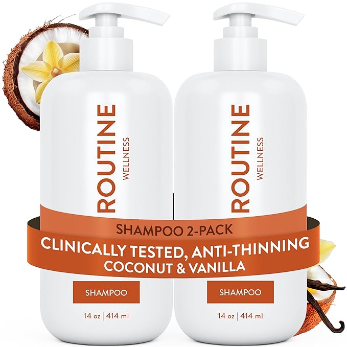 Routine Wellness Anti-Thinning Shampoo for Thinning Hair - Biotin DHT Blocker Women & Men - Color Safe Shampoo for Hair Loss & Healthy Hair - Coconut & Vanilla 14oz (Pack of 2)