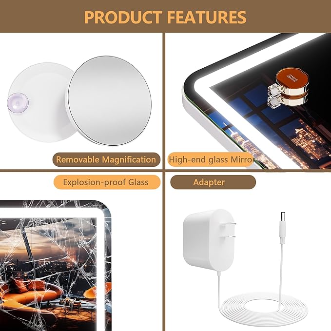 Hasipu Vanity Mirror with Lights, 37.4" x 26" LED Makeup Mirror, Lighted Makeup Mirror with Dimmable 3 Modes, Touch Screen Control Vanity Mirror Round White
