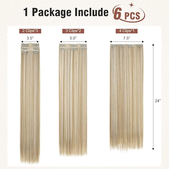 FLUFYMOOZ 6PC Clip in Hair Extensions 24" Straight Long Extensions for Women Synthetic Hairpiece (Blonde with Blonde Highlights)