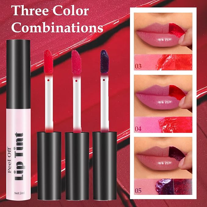 3 Colors Peel Off Lip Tint, Long Lasting Long