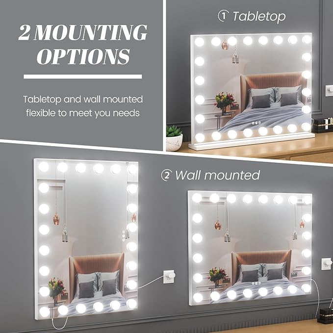 Vanity Mirror with Lights, 32"x 24" Large Hollywood Vanity Mirror with Detachable 10X Magnification & 24 Dimmable 3 Colors Modes LED Bulbs, Tabletop or Wall Mounted,White