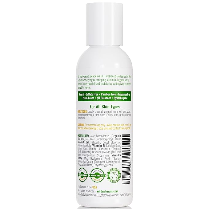 Wild Naturals Gentle Manuka Honey Face Wash - Eczema Facial Cleanser with Aloe Vera Extract, Hydrating & Soothing for Dry, Sensitive Skin - Repairs & Nourishes Irritated & Damaged Skin
