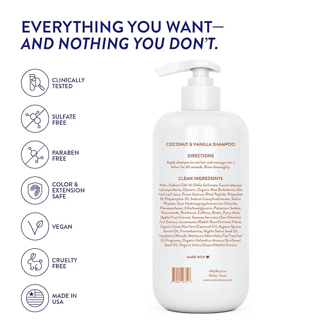 Routine Wellness Anti-Thinning Shampoo for Thinning Hair - Biotin DHT Blocker Women & Men - Color Safe Shampoo for Hair Loss & Healthy Hair - Coconut & Vanilla 14oz (Pack of 2)