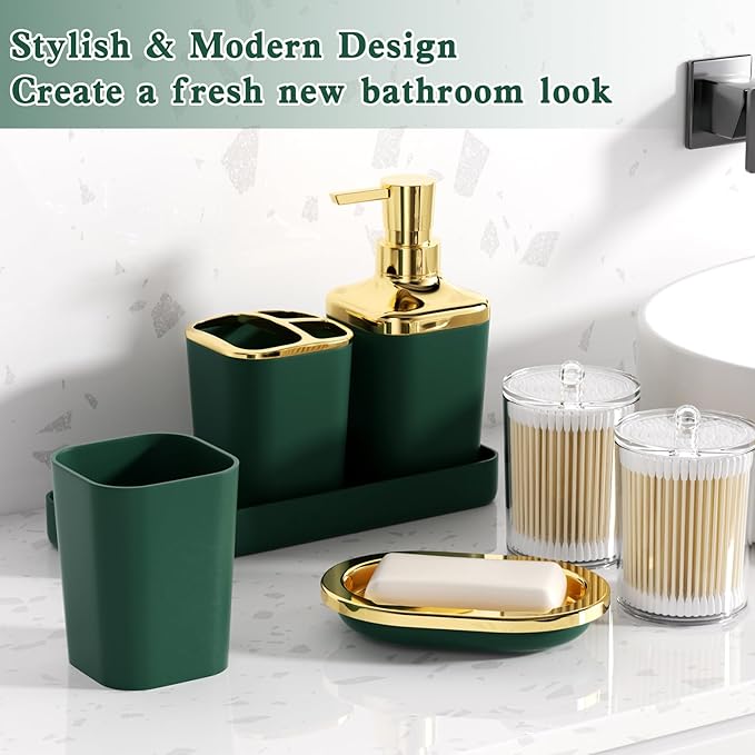 XLHOMO Dark Green Bathroom Accessories, 24 Pieces Green and Gold Bathroom Accessories Set with Shower Curtain, Bath Towels, Trash Can, Soap Dispenser and Soap Dish for Bathroom/Housewarming