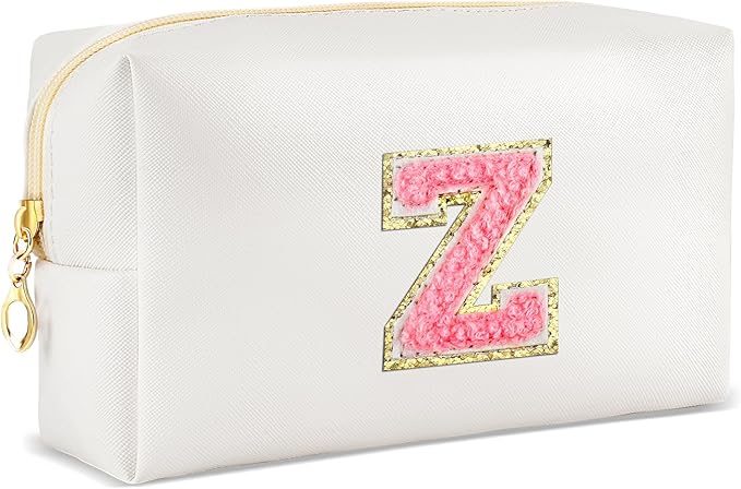 URSKYTOUS Initial Makeup Bag Personalized Preppy Travel Small Cosmetic Bag Cute PU White Chenille Letter Makeup Pouch for Purse Waterproof Zippered Toiletry Organizer for Women Girls Kids Friends (Z)