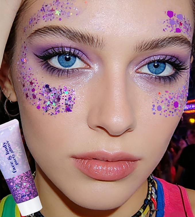 Go Ho Light Purple Face Body Glitter - Party Flash Festival Rave Outfits for Women&Kids,Holographic Glitter Face Paint,Halloween Mermaid Fairy Makeup Chunky Sequins Gel,Rave Pride Accessories