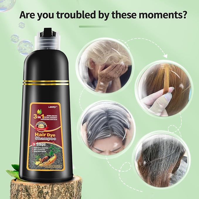 leorx Instant Hair Dye Shampoo For Gray Hair, 500ml - 3 In 1 Herbal Coloring For Women & Men - Dark Brown Color, Ammonia Free - Tintes Para El Cabello Profesional