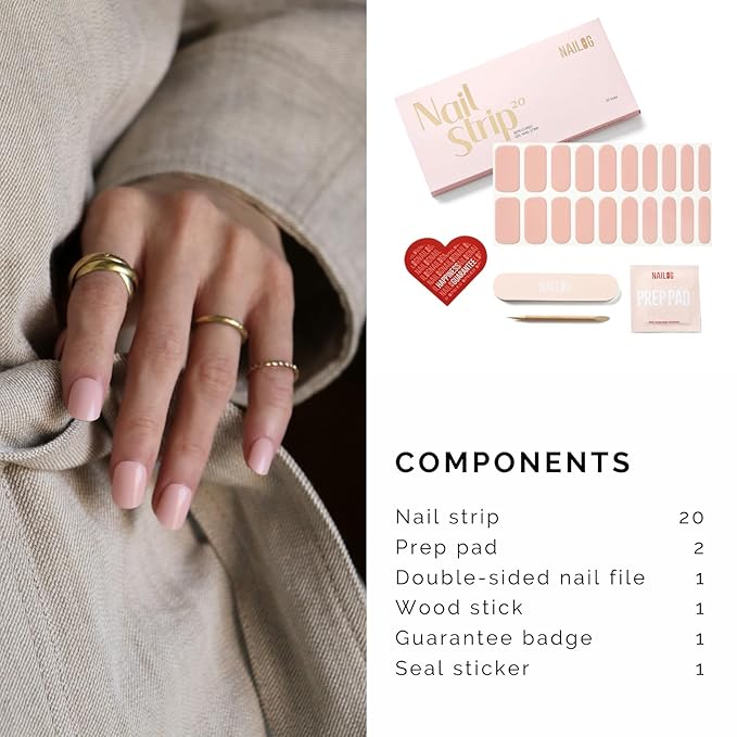 NAILOG Semi Cured Gel Nail Strips, 20Pcs Nude Pink Gel Nail Stickers, Salon Quality Easy Apply & Remove Works with Any UV/LED Nail Lamps, Blush