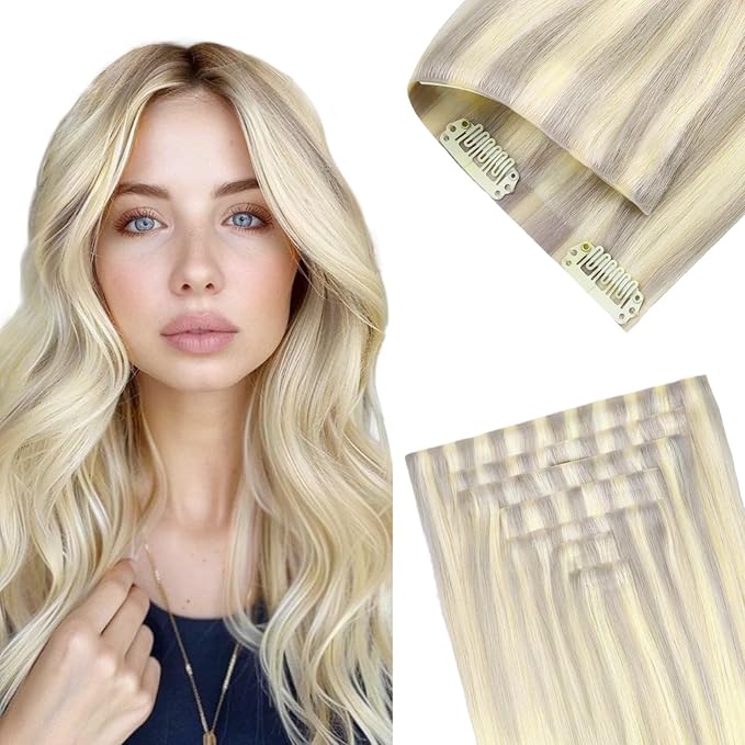 GOO GOO Invisi Edge Clip in Hair Extensions 18inch 130g 7Pcs Injected Seamless PU Clip in Hair Extensions, Virgin Real Human Hair, 17/22/60 Balayage Ash Blonde