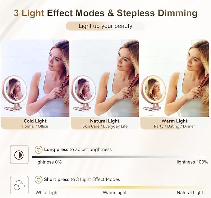 Travel Makeup Mirror with Lights,3000mAh Rechargeable 1X/20X Magnifying Mirror with Light, 7" Portable Lighted Beauty Mirror, Make Up Mirrors with 3 Light Colors, Dimmable Tabletop Handhold Hanging-G