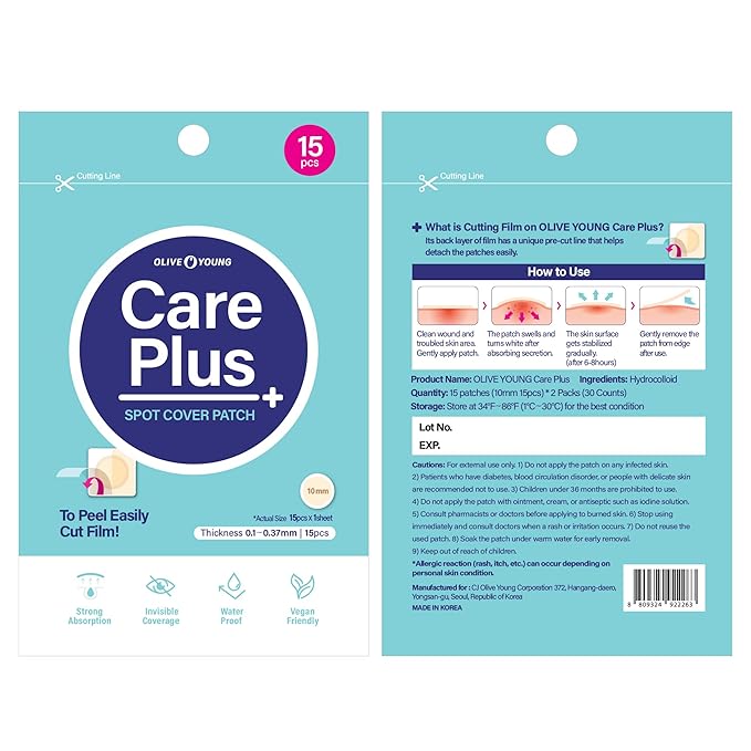 OLIVE YOUNG Care Plus Spot Patch | Hydrocolloid Acne Korean Spot Patch to Cover Zits, Pimples and Blemishes, for Troubled Skin and Face (Hydrocolloid, 30 Count (Pack of 2))