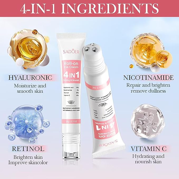 Retinol Eye Cream with 10% Hyaluronic Acid, 30% Retinol, 5% Nicotinamide, 10% Vitamin C for Puffy Dark Circles Wrinkles Eye Bags Fine Lines, Under Eye Cream with 360° Eye Roller Massage Ball