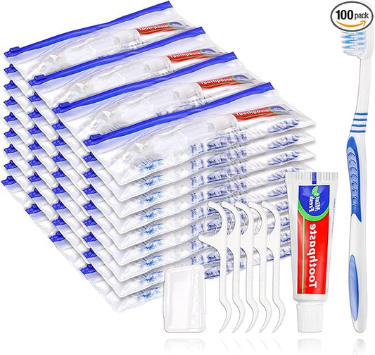Disposable Toothbrushes with Toothpaste Individually Wrapped,Travel Kit with Plastic Zip Bag,Toothbrush Head Cover, Floss Pick,25gram Toothpaste,Bulk Toothbrush for Homeless,Travel,Hotel(100)