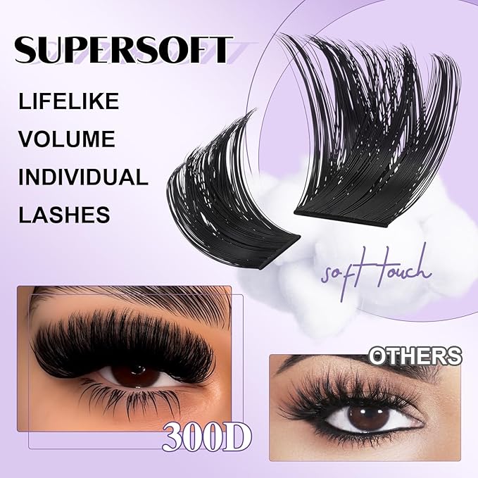 B&Qaugen Lash Clusters 300D Individual Lashes Eyelash Clusters Supersoft D Curl False Eyelashes 10-18 Mixed Eyelash Extension Wispy Volume Cluster Lashes DIY at Home(300D-10-18mm)