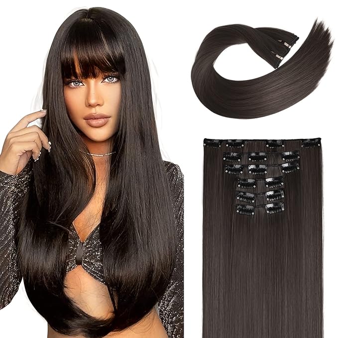 LONAI Clip in Hair Extensions, 6PCS 24" Long Black Brown with Highlight Straight Synthetic Clip On Hairpiece For Women Natural Hair For Daily Use Cosplay Party