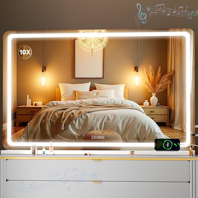 MINISO Vanity Mirror with Lights,47.2"x29.5"LED Makeup Mirror with Bluetooth Speaker,Touch Sensor,3 Light Colors,Dimmable,Metal Frame,with 10X Magnifying Glass,Rectangular White