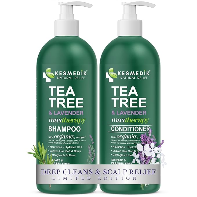 KESMEDIK Tea Tree Lavender Shampoo & Conditioner Set with Mint & Rosemary, Cleanses, Cools & Soothes Dry, Itchy Scalp, Sulfate & Paraben-Free, For All Hair Types, 16 fl oz Each