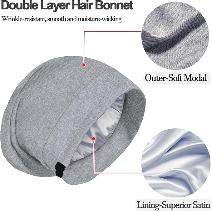 Satin Bonnet for Sleeping Night Cap, Adjustable Satin Lined Silk Bonnets Sleep Cap for Curly Hair Braids Beanie Black Women