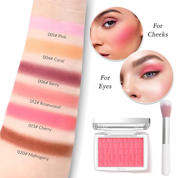 Cherry Blush Powder Blush for Cheeks with Brush, Matte Blush Palette Blush Powder Face Blusher, Natural Blendable Formula Silky Lightweight Makeup Blush Rubores de Maquillaje, 015#