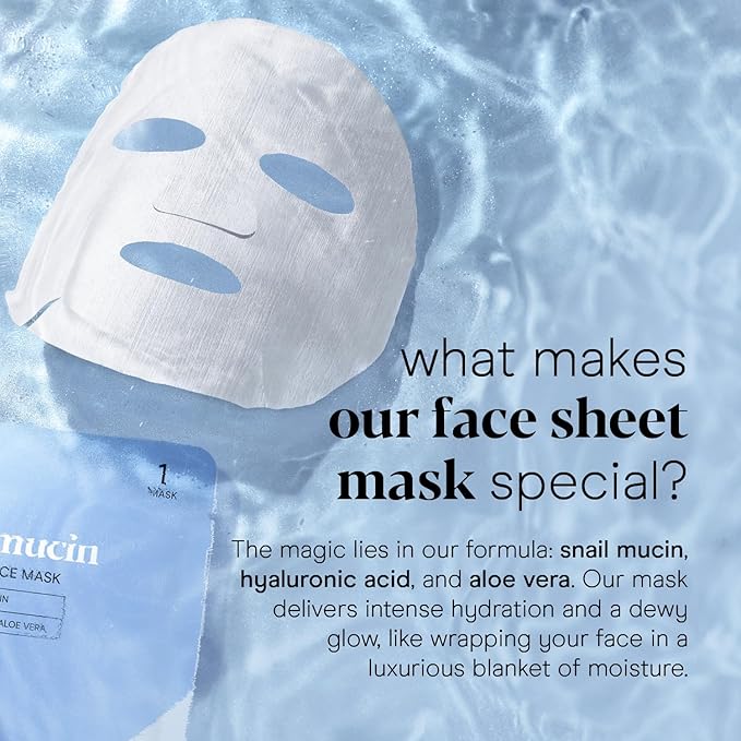 Baebody Snail Mucin Face Sheet Mask (6 pcs) - Anti Aging and Moisturizing Face Mask with Hyaluronic Acid - Deep Hydration for Youthful Skin