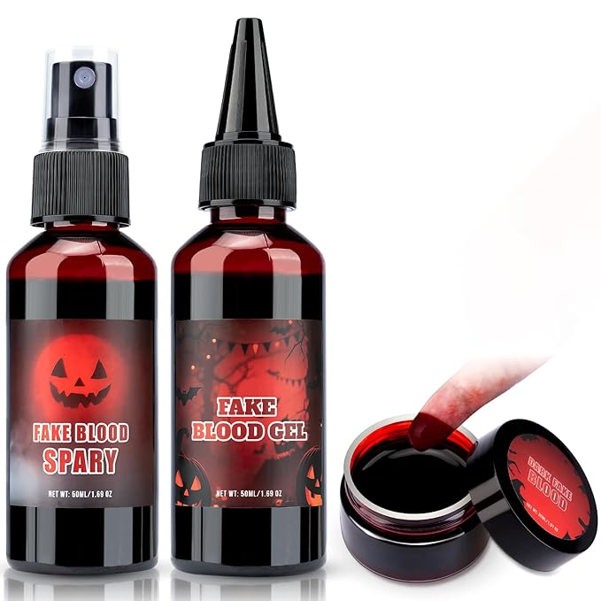 TonJin Halloween Fake Blood Makeup Kit, 3PCS Realistic Washable Costume Blood Set (1.69oz Spray + 1.69oz Dripping + 1.01oz Coagulated ) for Zombie Vampire SFX, Dark Coagulated & Fresh Spray Effects
