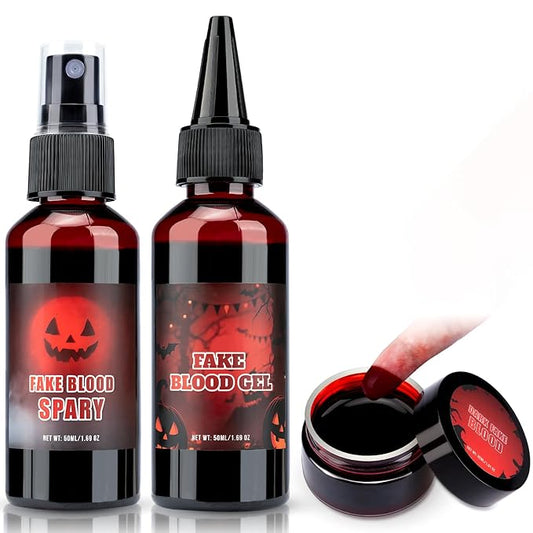 TonJin Halloween Fake Blood Makeup Kit, 3PCS Realistic Washable Costume Blood Set (1.69oz Spray + 1.69oz Dripping + 1.01oz Coagulated ) for Zombie Vampire SFX, Dark Coagulated & Fresh Spray Effects