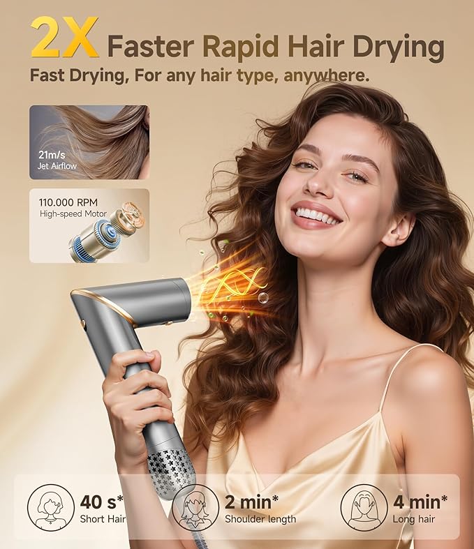 8 in 1 Hair Styler Curler & Air Dryer Brush, 110,000 RPM High-Speed Negative Ionic Foldable Hair Dryer Fast Drying, Multi Professional Hot Air Styler for Curling Volumizing Straightening Styling(Gray)