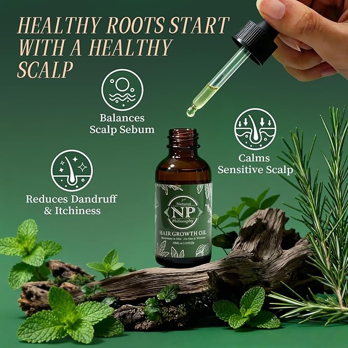 NP NATURES PHILOSOPHY Rosemary Mint Hair Growth Oil, Stimulates Hair Regrowth, Anti-Hair Loss, Nourishing Scalp Treatment for Thicker Fuller Hair, Hair Growth Products for All Hair 30ml Essential Oil
