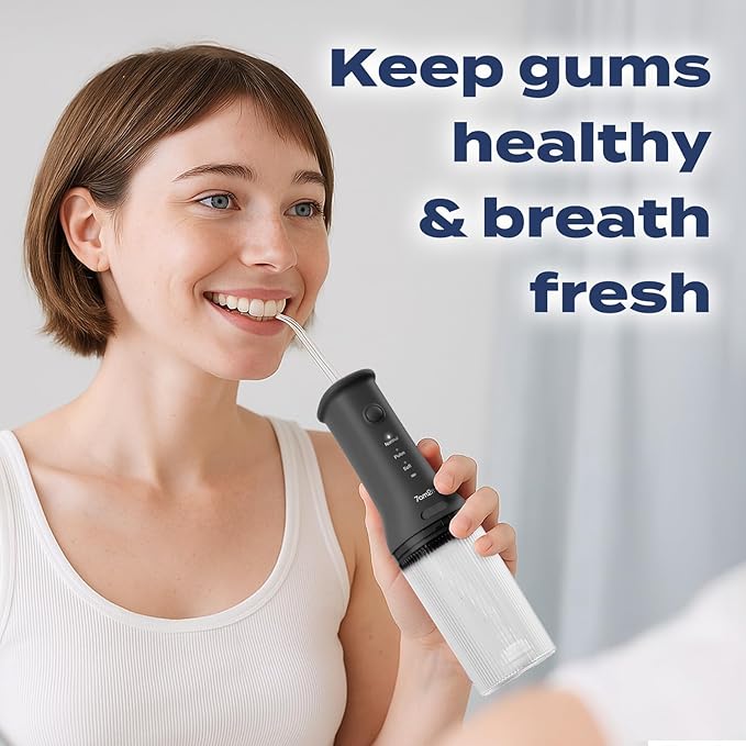 7AM2M Portable Cordless Water Flosser, Oral Irrigator with 3 Modes & 2 Tips, Fast Rechargeable, IPX7 Waterproof, Dental Water Flosser for Travel and Home Use (Black)
