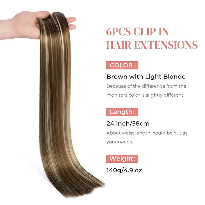 Clip in hair extensions，LONAI 6PCS Straight 24" Hair Extensions for Women，Heat Resistant Synthetic Hairpiece-Brown with Light Blonde