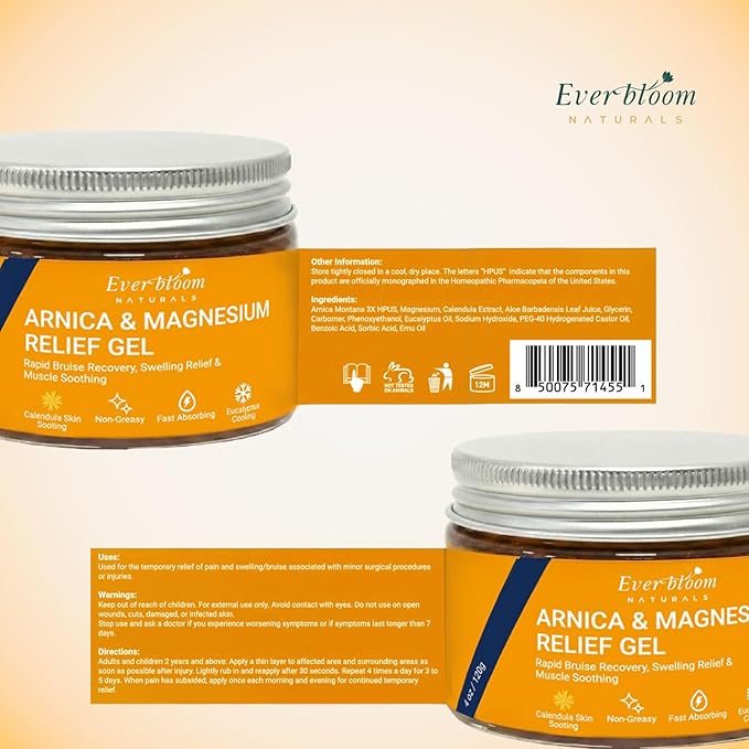 Arnica & Magnesium Calming Face Moisturizer Gel 4oz, Fast Recovery for Skin Bruising, Redness & Puffiness. Soothing Massage for Tension, Spasms & Thin Skin. With Emu Oil &E ucalyptus. Non-Greasy.