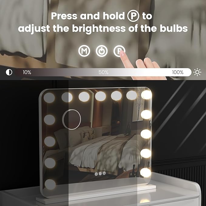 Vanity Mirror with Lights, 23"×18" Hollywood Vanity Mirror with Lights 15 Dimmable LED Bulbs, 3 Color Modes, 10X Magnification, USB Charging Port, Tabletop or Wall-Mounted (White, 23 * 18)