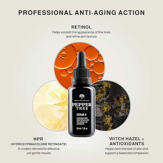 Peppertree Serum A - Anti Aging and Antioxidant Retinol Serum for Face - Men's Skin Care Hydrating Serum for Fine Lines and Wrinkles with HPR & Witch Hazel - 1 fl oz