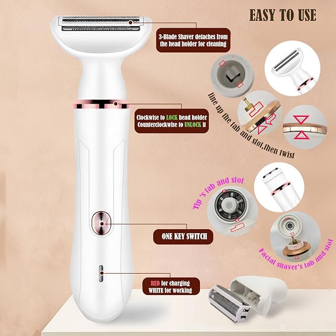 Electric Razor for Women: 2-in-1 Painless Epilator & Hair Removal Kit, Wet&Dry Use, Cordless, Type-C Rechargeable with Facial Hair Trimmer, 3-Blade Shaver Head, Plus Replacement Tip.BEAUTISILK