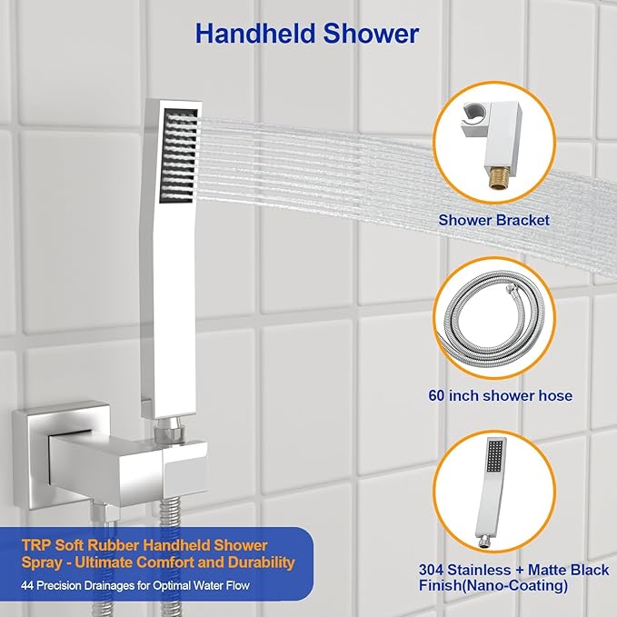 Dcolora 8 In. Rainfall Shower System with Handheld, Chrome Shower Faucet Set for Bathroom, Brass Valve, 304 Stainless Steel, Anti-Scald cUPC Certified (Polished Chrome, 8 Inch)