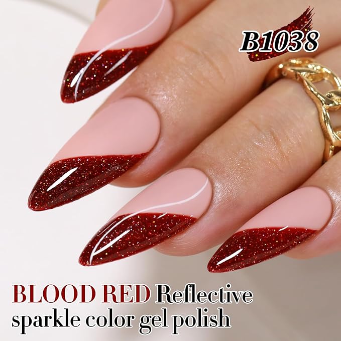 Double Rhythm Glitter Gel Polish Dark Red 15ML Shimmer Reflective Color for Nail Art Salon DIY at Home 0.5Oz (Burgundy Red-B1038)