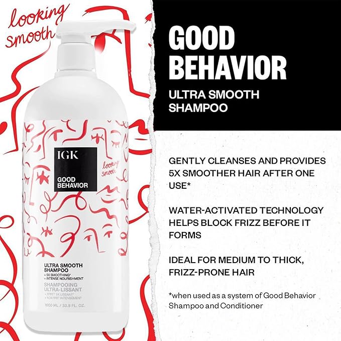 IGK GOOD BEHAVIOR Ultra Smooth Shampoo & Conditioner Set | Frizz Control + Shine | Vegan + Cruelty-Free | 33.8 oz (Pack of 2)
