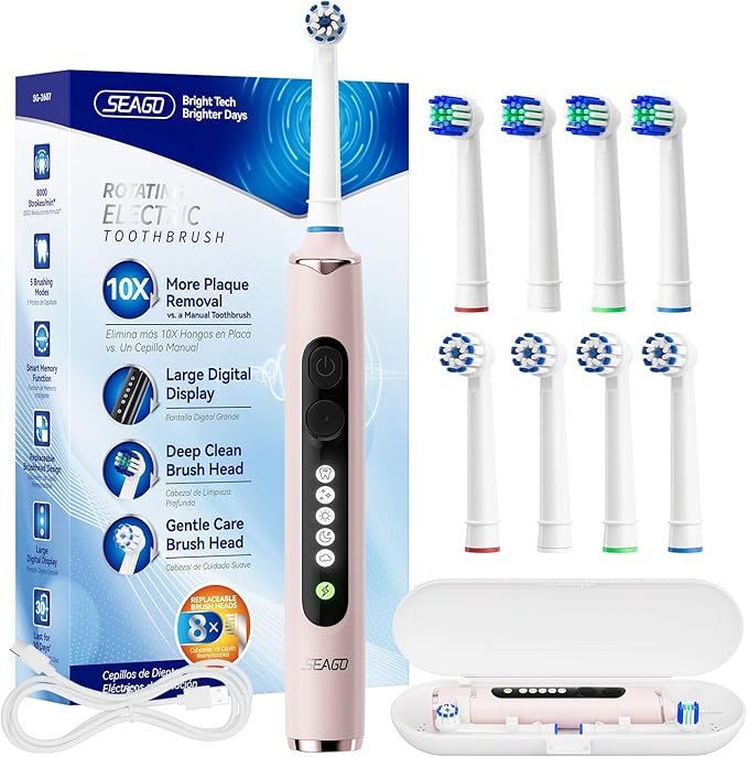 SEAGO Soft Round Electric Toothbrushes with 8 Spin Brush Heads, 5 Cleaning Modes, Rechargeable Sonic Toothbrush with Timer and Travel Case for Adults and Kids(SG-2607-Pink