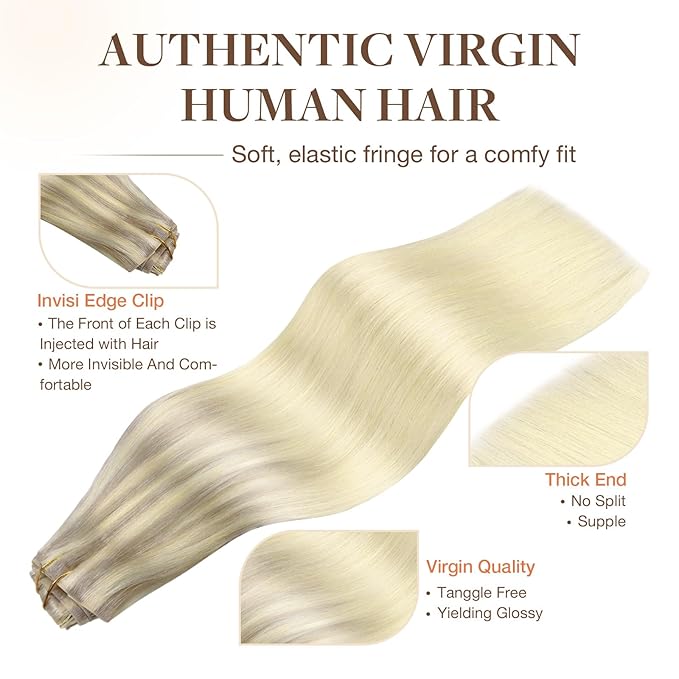 GOO GOO Invisi Edge Clip in Hair Extensions Set, 16inch 120g, 4pcs Injected Seamless PU Clip ins and 3pcs Classical PU Clip ins, Virgin Real Human Hair, #(T17/22) P60