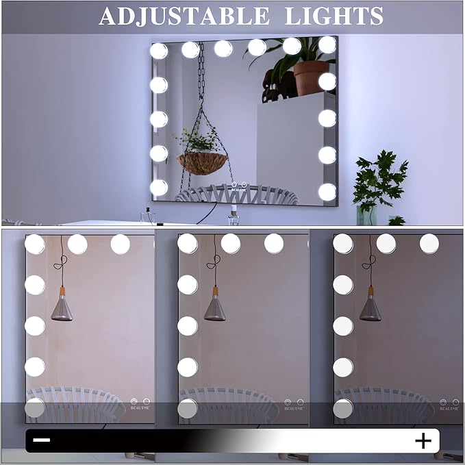 BEAUTME Vanity Mirror with Lights, Lighted Makeup Mirror with 14 Dimmer Bulbs, 2 Color Lighting Mode, Touch Control, Tabletop or Wall Mounted for Bedroom,Dressing Room,Balck 23.6" X 20"