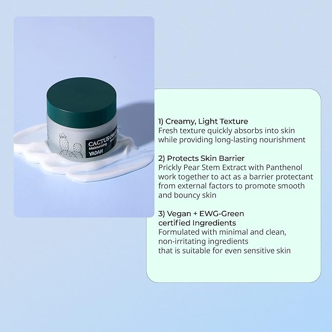 YADAH Cactus Cream 1.69 Fl.Oz. – Facial Hydrating Moisturizer Forming Moisture Barrier for Sensitive Dry Skin